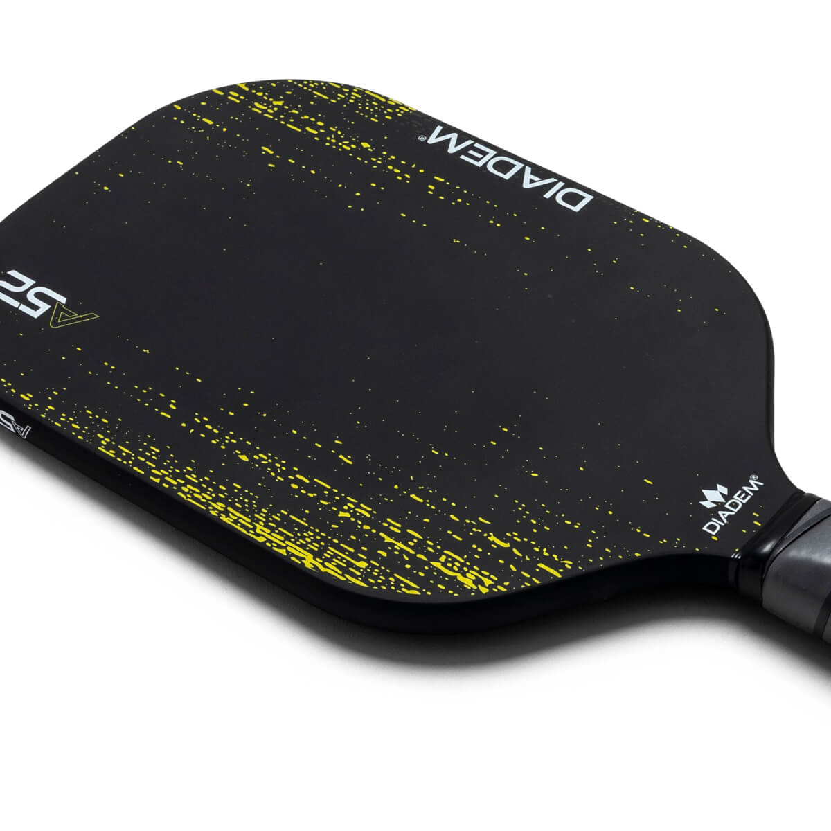 Top-down view of a black pickleball paddle with yellow speckle design, A52, and DIADEM branding.