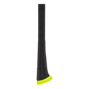 Close-up of a black baseball bat grip with a textured surface and a bright yellow end cap.