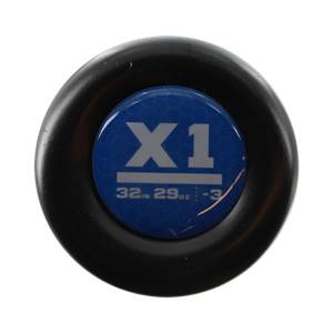 End cap view of a black baseball bat with blue X1 branding and size markings.