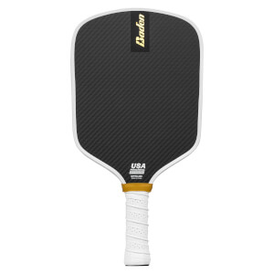 Front view of a black pickleball paddle with a carbon fiber surface, Baden logo, and white grip.