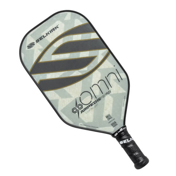 Top-down view of a light green pickleball paddle with a large S logo, Omni text, and black grip.