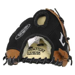Front view of a black youth baseball glove with brown leather accents and Louisville Slugger branding.