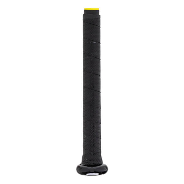 Close-up of a black baseball bat grip with yellow accents and a textured surface.