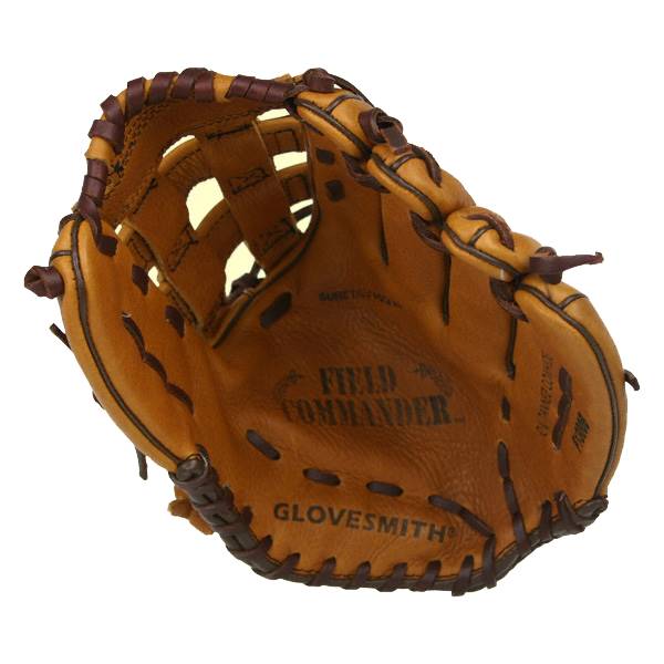 Top-down view of a tan baseball glove with FIELD COMMANDER and GLOVESMITH branding.