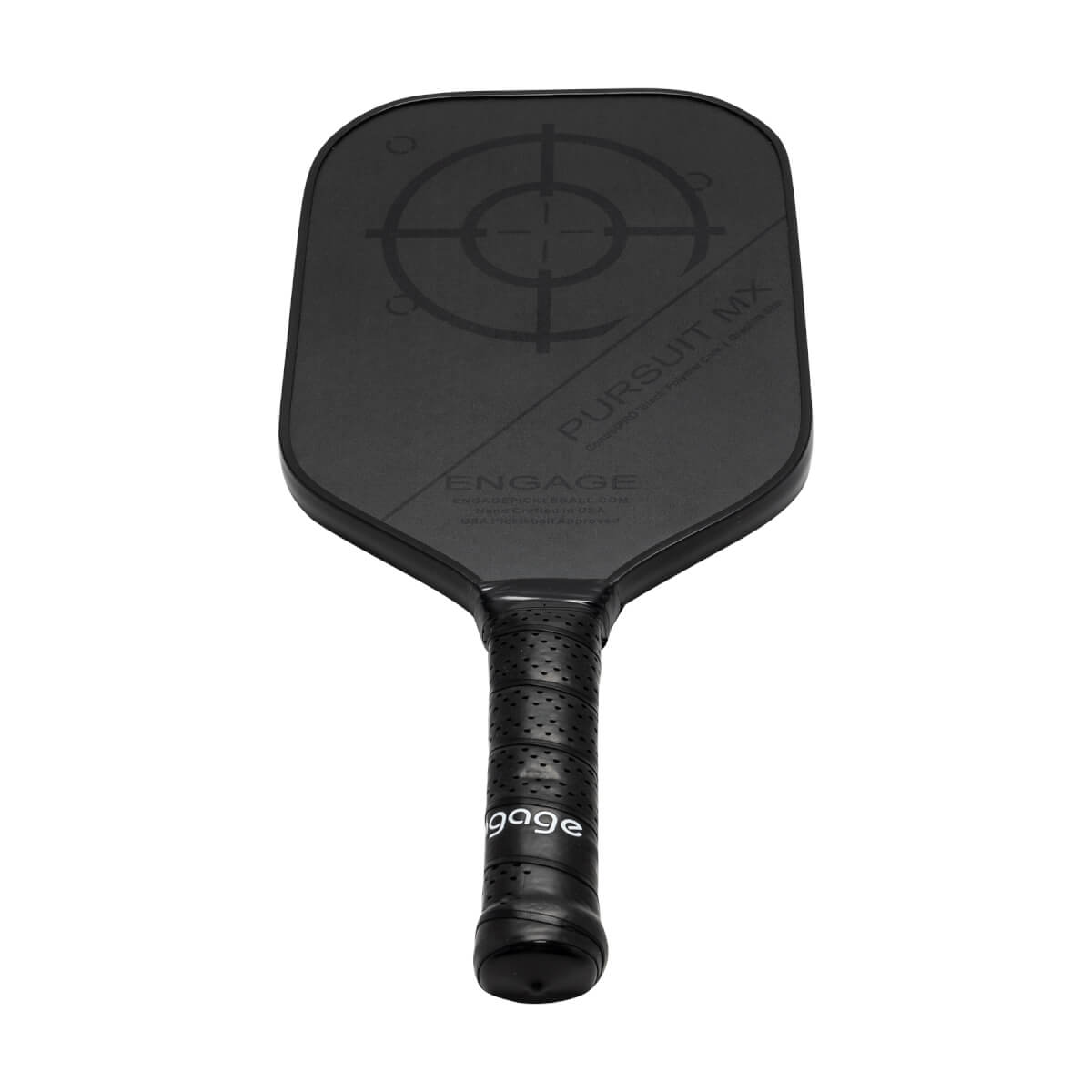 Front view of a black pickleball paddle with a target design, PURSUIT MX, and ENGAGE text.