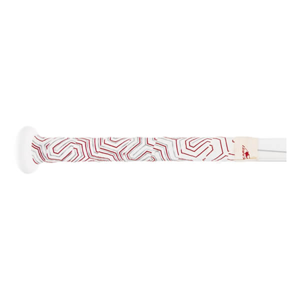 Side view of a white baseball bat with a red and gray geometric pattern grip.