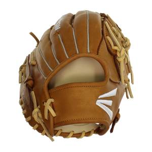Top-down view of a tan baseball glove with white stitching and a white Easton logo.