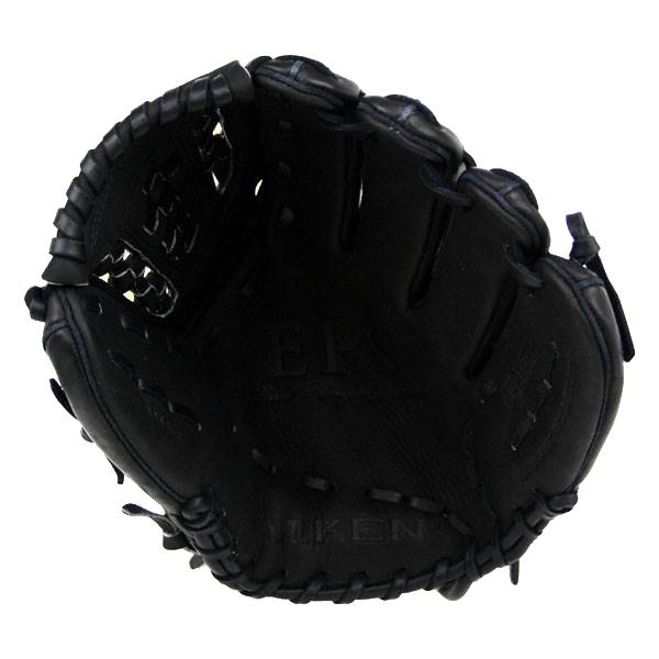 Top-down view of a black baseball glove with EPS and MIKEN branding.