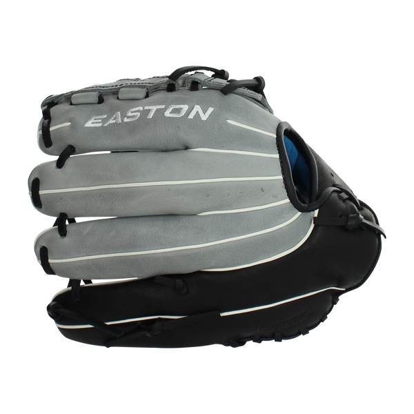 Side view of a gray and black Easton softball glove with white piping and visible EASTON text.