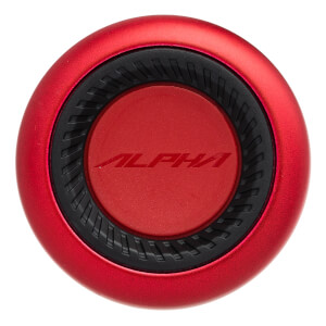 Top-down view of a red baseball bat end cap with ALPHA text and a black textured ring.