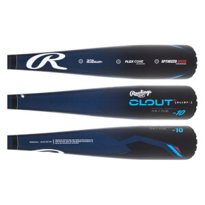 Top-down view of three blue Rawlings Clout baseball bats with Rawlings and CLOUT branding.