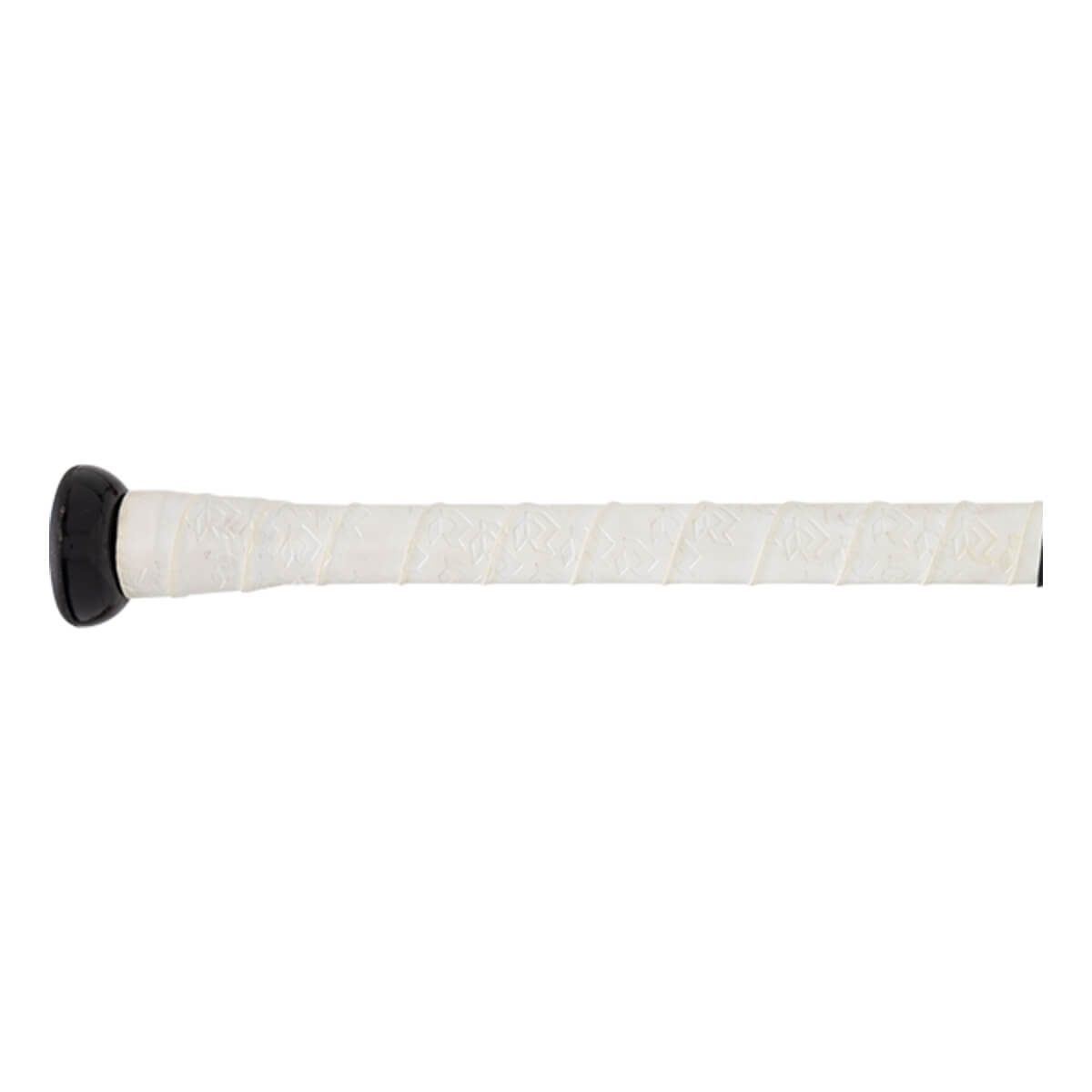 Side view of a white baseball bat grip with a black knob and textured pattern.