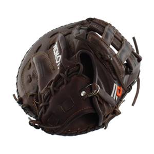 Top-down view of a brown Nokona X2 Elite Series First Base Mitt with white NOKONA text and orange logo.