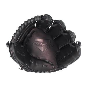 Inside view of a black baseball glove with a PBPRO logo and white stitching.