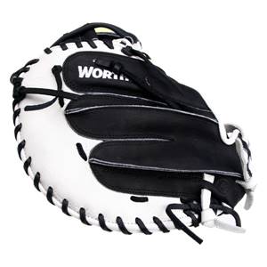 Front view of a white and black catchers mitt with WORTH. branding and black lacing.