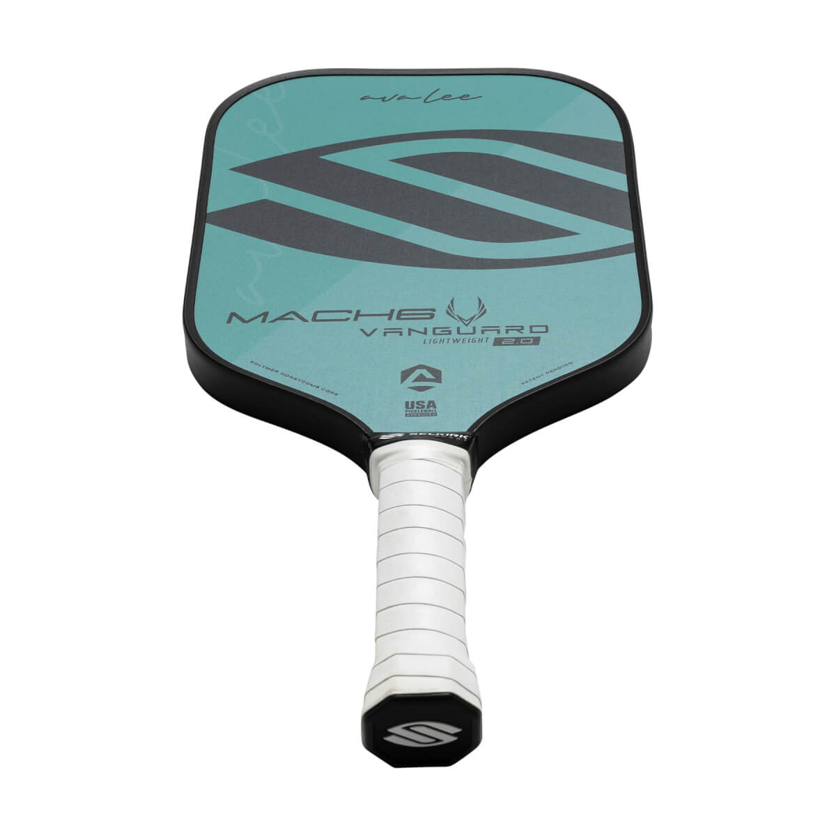 Front view of a teal pickleball paddle with a white grip, Mach6 VANGUARD text, and a black S logo.