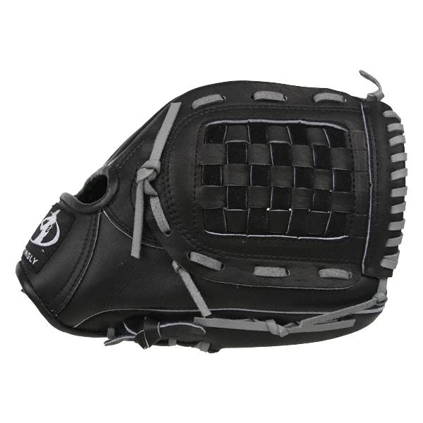 Side view of a black baseball glove with a woven pocket and gray lacing.