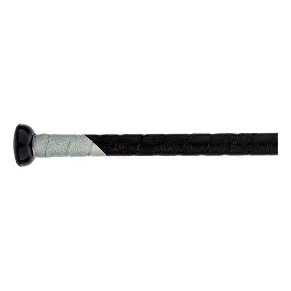 Side view of a black baseball bat with a grey patterned grip and black textured grip.