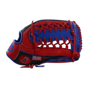 Side view of a red and blue baseball glove with Dan and an American flag embroidered on the wrist.