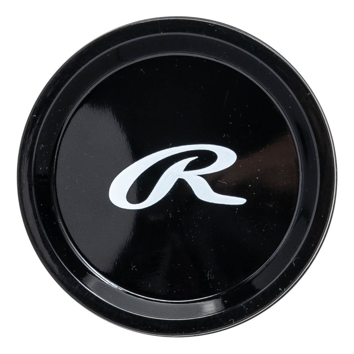 Top-down view of a black baseball bat end cap with a white Rawlings R logo.