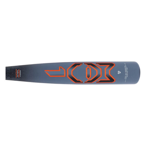 Side view of a gray baseball bat with a large orange MAV1 graphic, a black patterned grip, and white text.