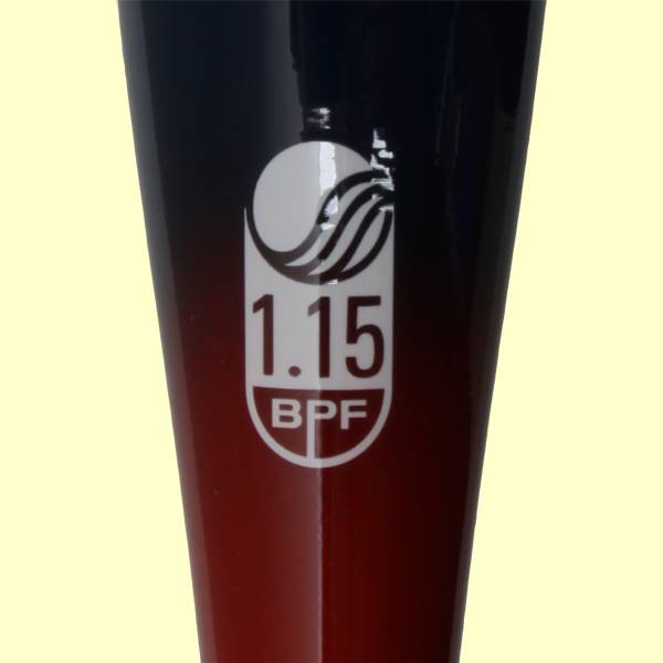 Close-up of a dark blue and red youth baseball bat with a white oval logo displaying 1.15 BPF.