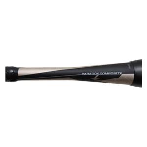 Side view of a black fastpitch softball bat with PARADOX.COMPOSITE text and a beige graphic design.