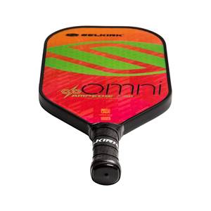 Top-down view of a red and orange pickleball paddle with green stripes, Omni text, and a black grip.