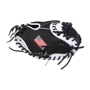 Top-down view of a black catchers mitt with white lacing and an American flag patch.