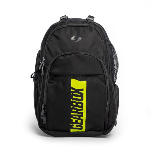 Black Gearbox backpack with a neon yellow vertical stripe featuring GEARBOX in black letters. It includes multiple zippered compartments and a mesh side pocket.