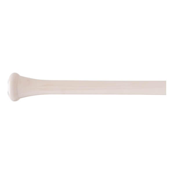 Side view of a light wood baseball bat with a rounded knob and smooth barrel.
