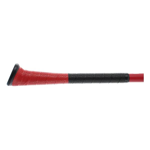 Side view of a red and black baseball bat with a textured grip and red barrel.