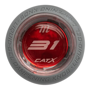 Top-down view of a red baseball bat knob with 31 and CATX logos and DAMPENING KNOB LIQUID-GEL text.