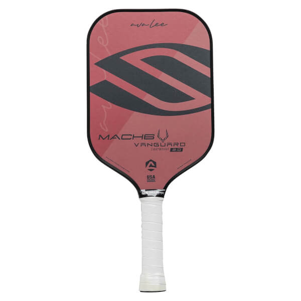 Front view of a red pickleball paddle with a black S design, MACH6 VANGUARD 2.0, and USA text.