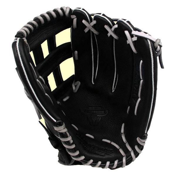 Interior view of a black baseball glove with white lacing and a bull logo.