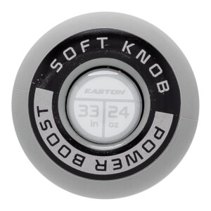 Bottom view of the grey bat knob featuring "SOFT KNOB" and "POWER BOOST" text surrounding a white center circle with "EASTON 33 in 24 oz."