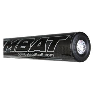 Side view of a black softball bat with MBAT logo and combatsoftball.com text.