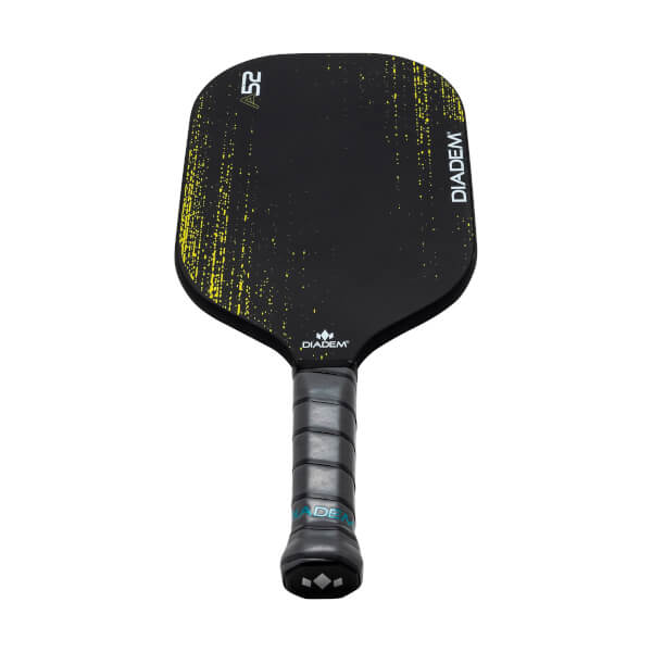 Front view of a black pickleball paddle with yellow speckle design, A52 and DIADEM text.