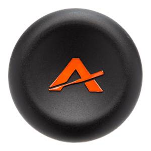 Top-down view of a black baseball bat end cap with an orange A logo.