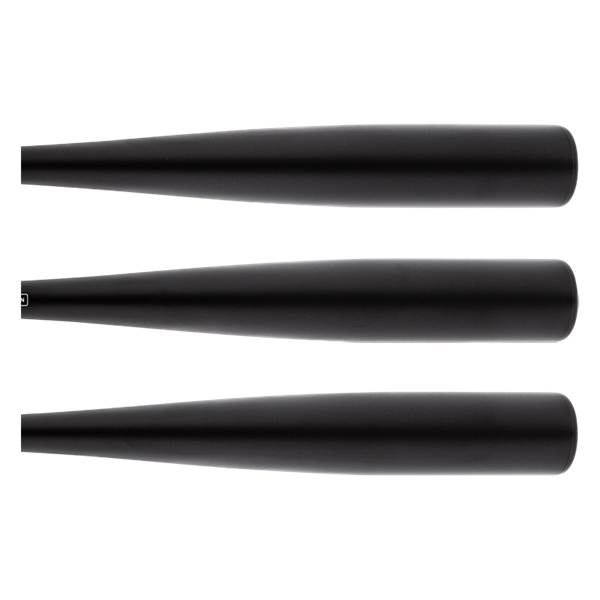 Top-down view of three black baseball bats with smooth barrels.