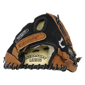 Front view of a black and brown youth baseball glove with Louisville Slugger and EZ-LOG branding and XTRASOFT LINING text.