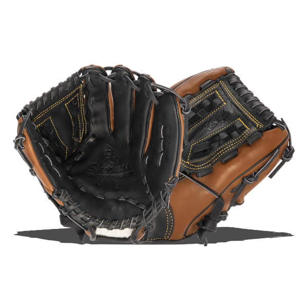 Top-down view of a black and tan baseball glove with yellow stitching and a textured palm.