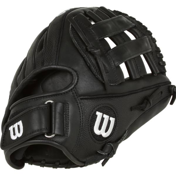 Side view of a black Wilson glove with white W logos and a textured palm.