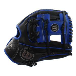 Side view of a black and blue baseball glove with Wilson branding and black lacing.