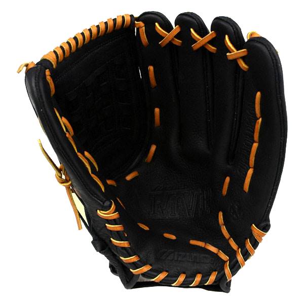 Front view of a black baseball glove with tan lacing and embossed MV logo.