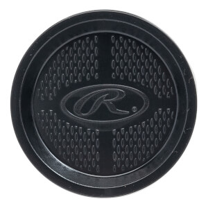 Top-down view of a black baseball bat end cap with a textured surface and Rawlings logo.