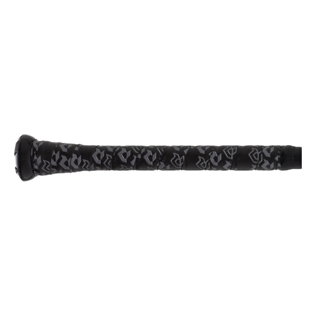 Side view of a black baseball bat with a patterned grip and black end cap.