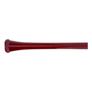 Side view of a glossy dark red baseball bat with a rounded knob and tapered handle.