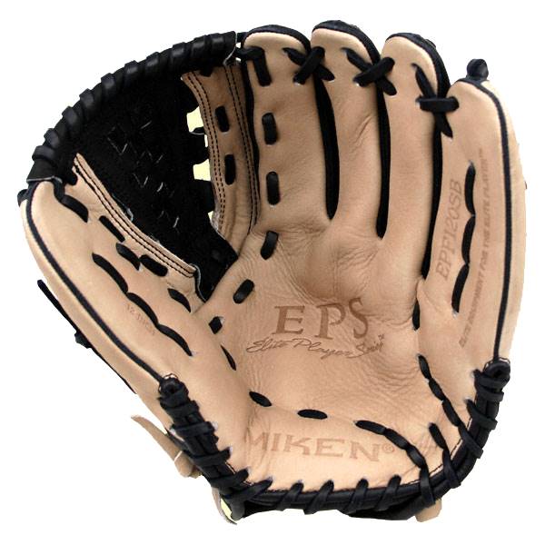 Front view of a tan fastpitch glove with black lacing, Miken logo, and EPF120SB text.
