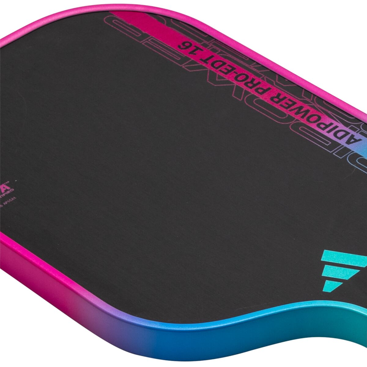Angled close-up of a black pickleball paddle with pink-to-blue gradient edge, ADIPOWER PRO-EDT 16 text, and adidas logo.